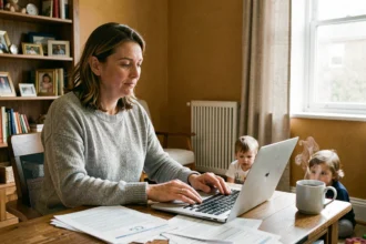Mère en télétravail avec enfants dans un salon familial équipé d'un radiateur électrique, illustrant l'organisation d'une famille nombreuse lors d'un déménagement EDF