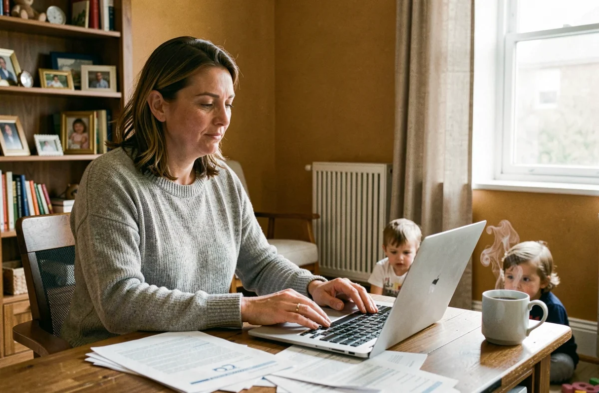 Mère en télétravail avec enfants dans un salon familial équipé d'un radiateur électrique, illustrant l'organisation d'une famille nombreuse lors d'un déménagement EDF