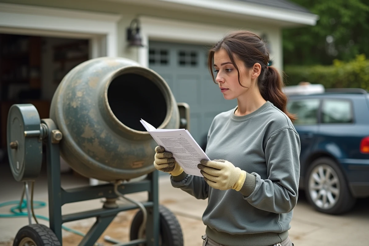 Femme bricoleure consultant un guide de dosage béton à côté d'une bétonnière sur une allée de maison individuelle
