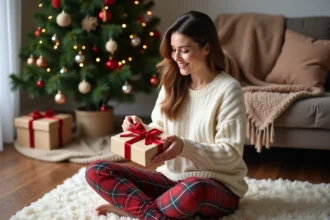 Femme en pull crème préparant un cadeau de Noël cozy