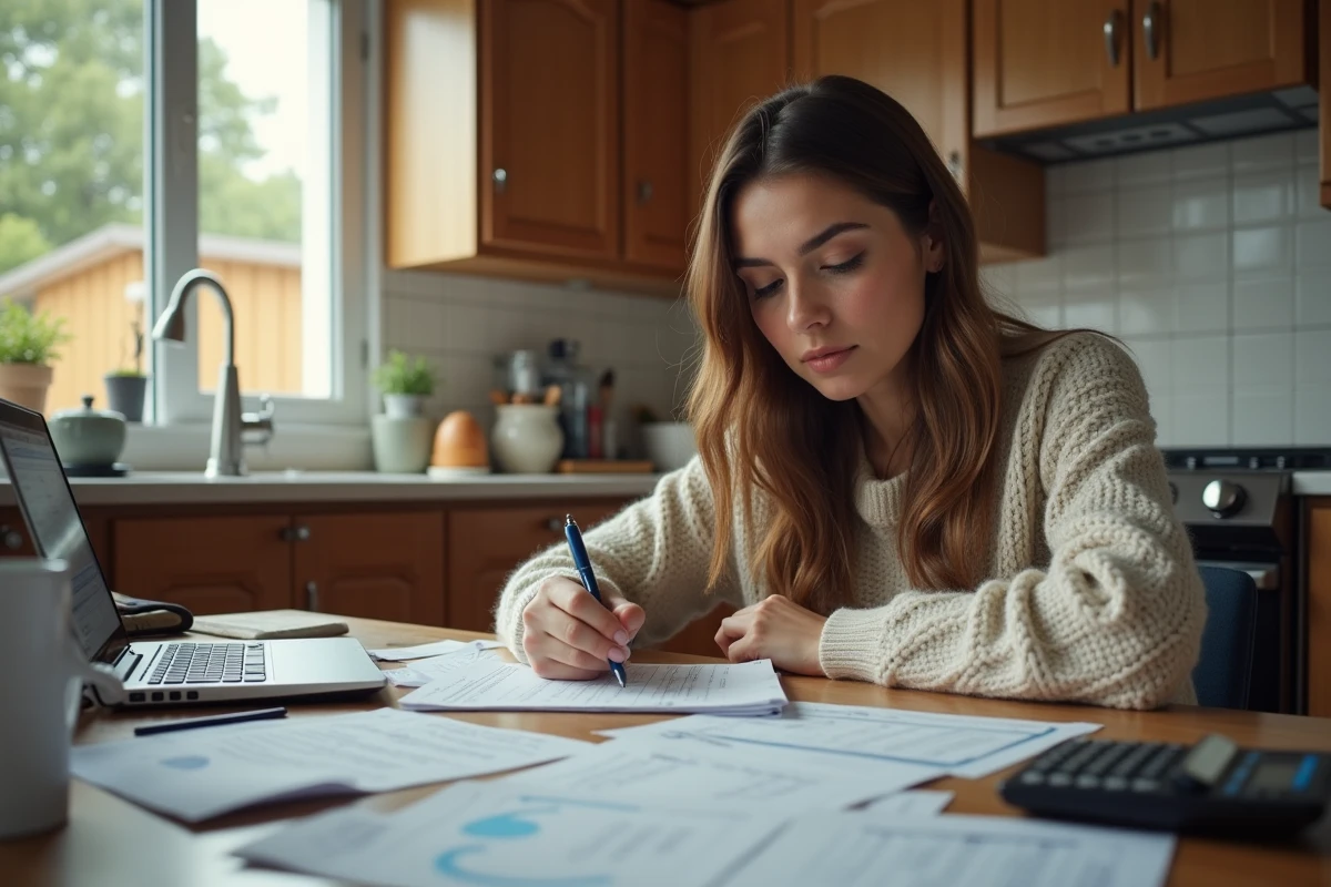 Femme vérifie prix pellets dans sa cuisine