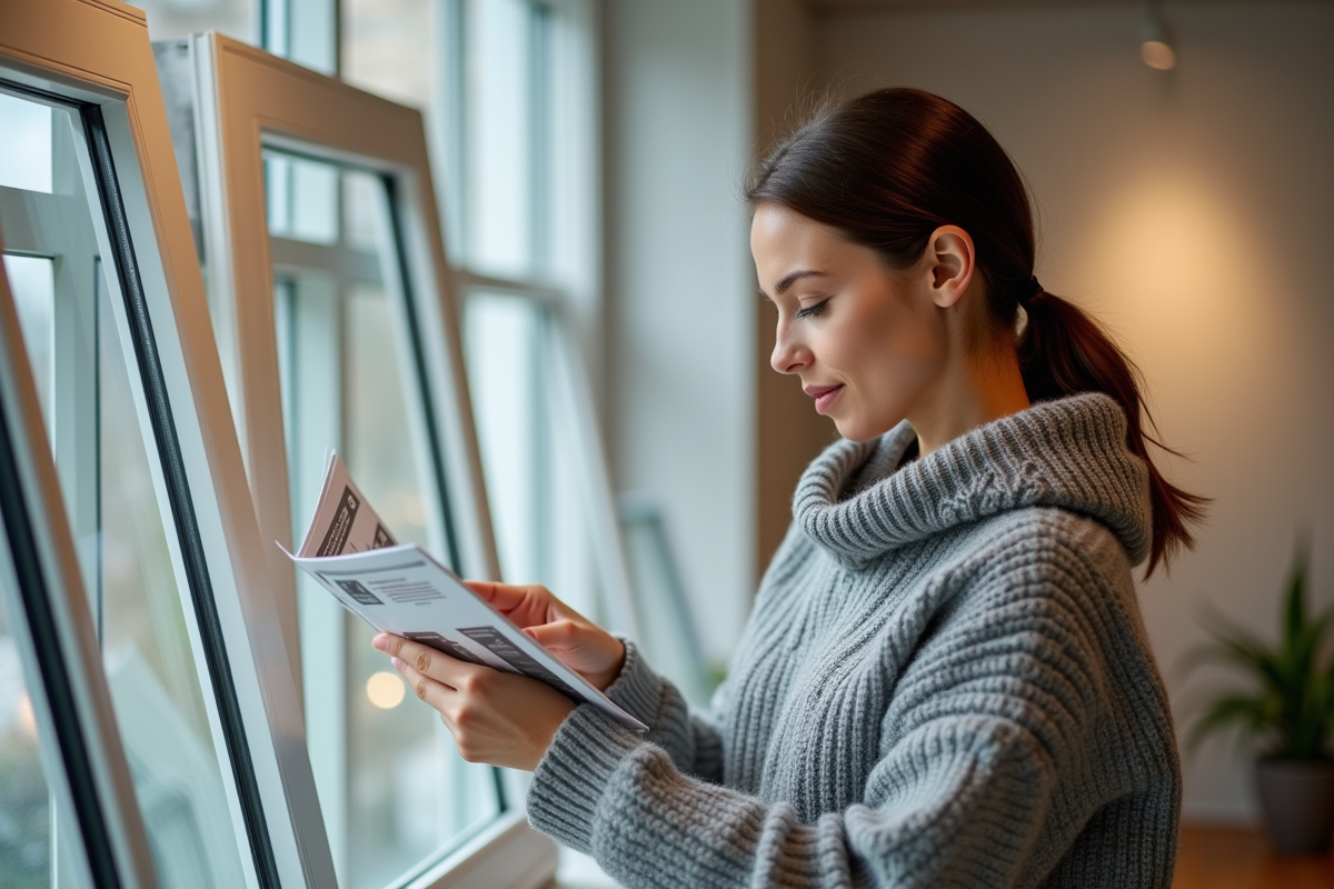 Jeune femme comparant des échantillons de fenêtres dans un showroom