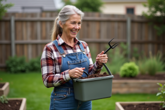 Femme en jardinage compostage dans un jardin suburbain
