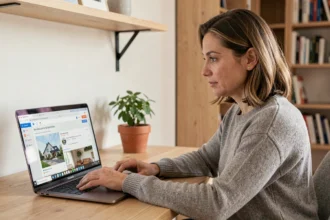 Femme consultant la plateforme Foyerlumina.fr sur un ordinateur portable dans un bureau à domicile moderne en 2026