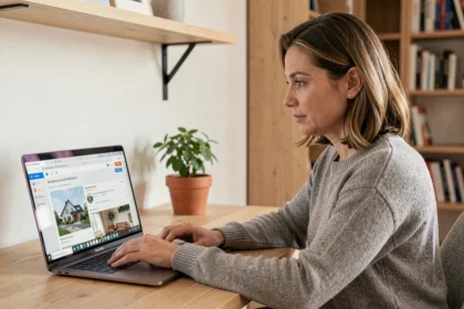 Femme consultant la plateforme Foyerlumina.fr sur un ordinateur portable dans un bureau à domicile moderne en 2026