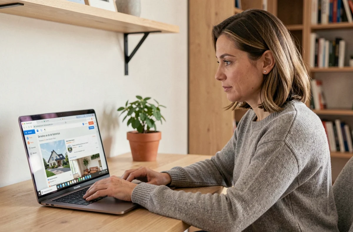 Femme consultant la plateforme Foyerlumina.fr sur un ordinateur portable dans un bureau à domicile moderne en 2026