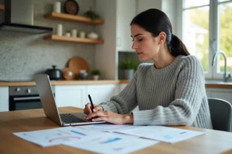 Femme propriétaire consultant des documents d'assurance habitation pour une maison de 120m2 dans une cuisine moderne