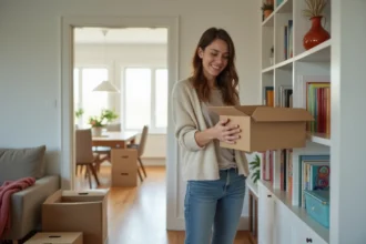 Femme déballant des cartons dans un salon lumineux et moderne