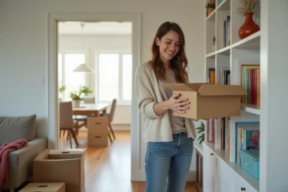 Femme déballant des cartons dans un salon lumineux et moderne