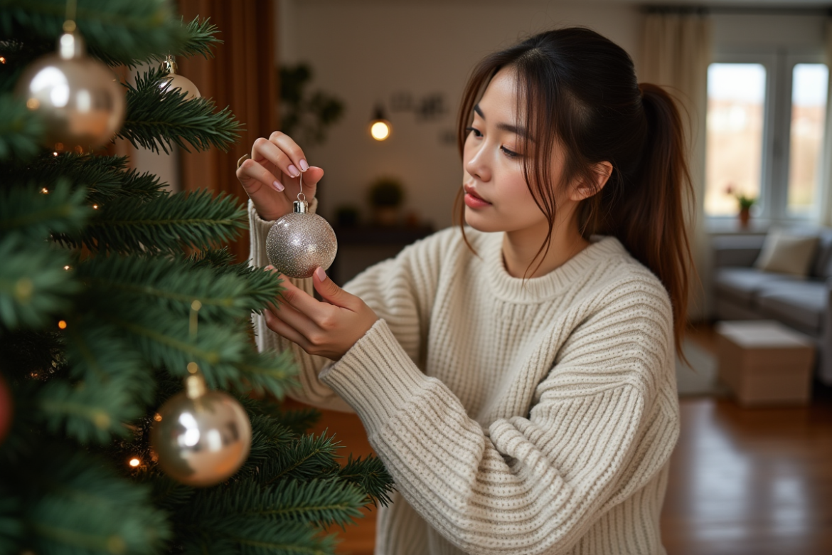 Jeune femme en pull crème décorant un sapin de Noël