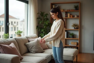Jeune femme arrangeant des coussins dans un salon moderne