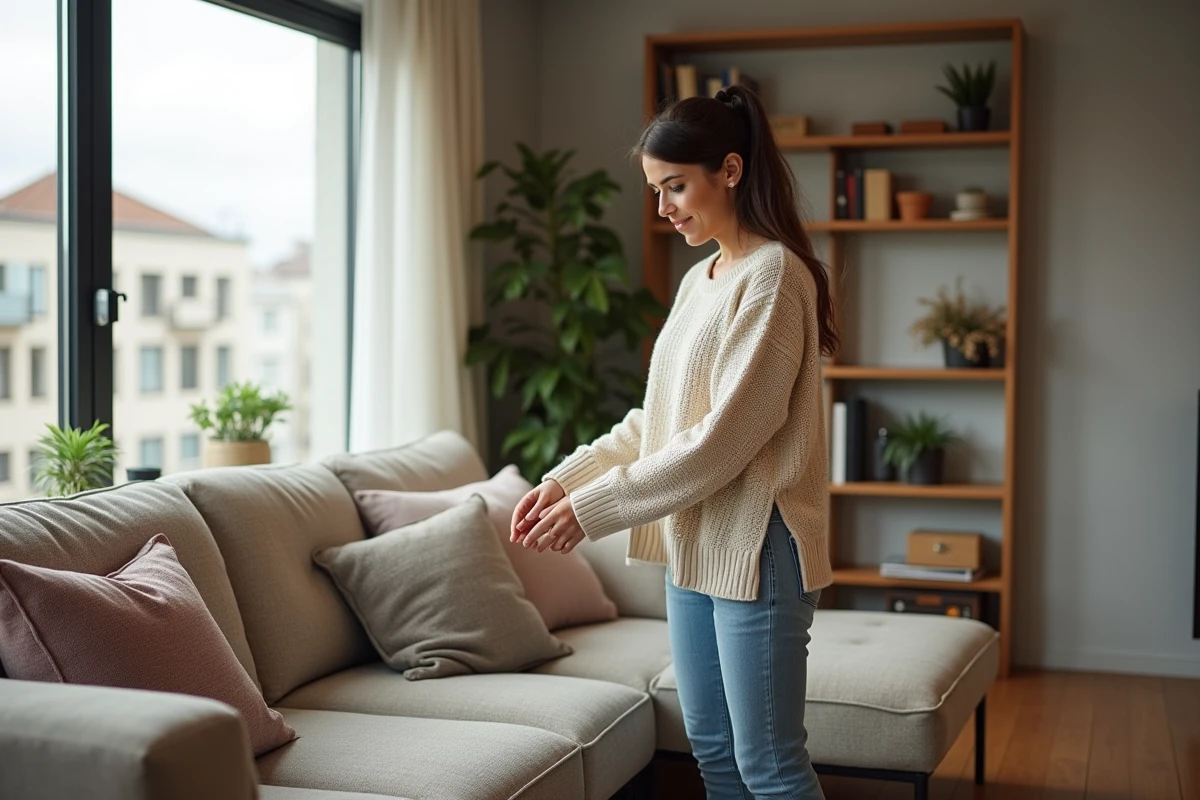 Jeune femme arrangeant des coussins dans un salon moderne