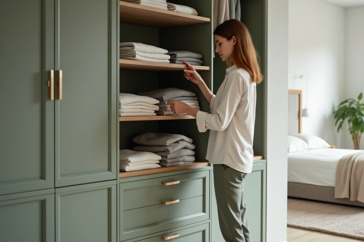 Femme arrangeant des vêtements dans un dressing sur mesure en vert sauge dans une chambre de style scandinave avec tapis en laine et murs blanchis
