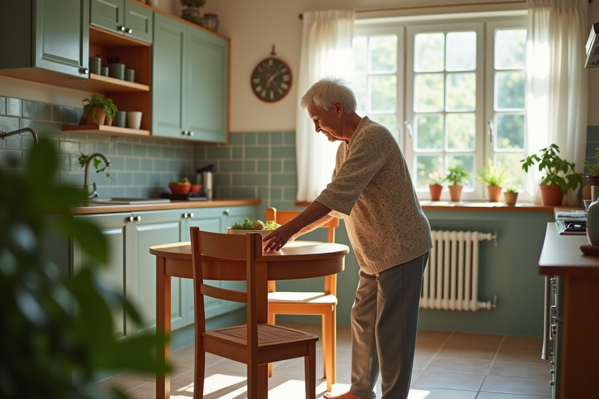 Femme âgée tirant une chaise dans une cuisine lumineuse