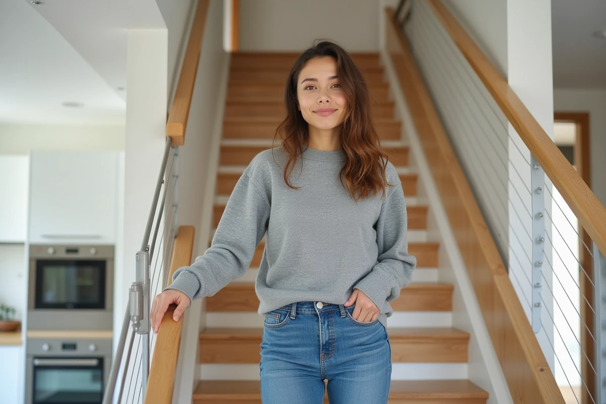 Femme descendant un escalier intérieur moderne équipé d'un garde-corps à câbles, illustrant la sécurité quotidienne dans la cage d'escaliers