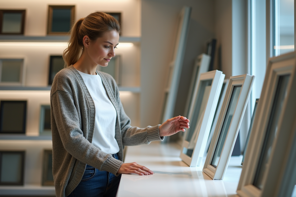 Femme examinant un échantillon de PVC dans un showroom de fenêtres