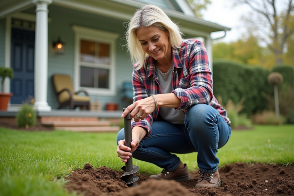 Femme en jeans utilisant un tarière pour prélever un échantillon de sol dans un jardin