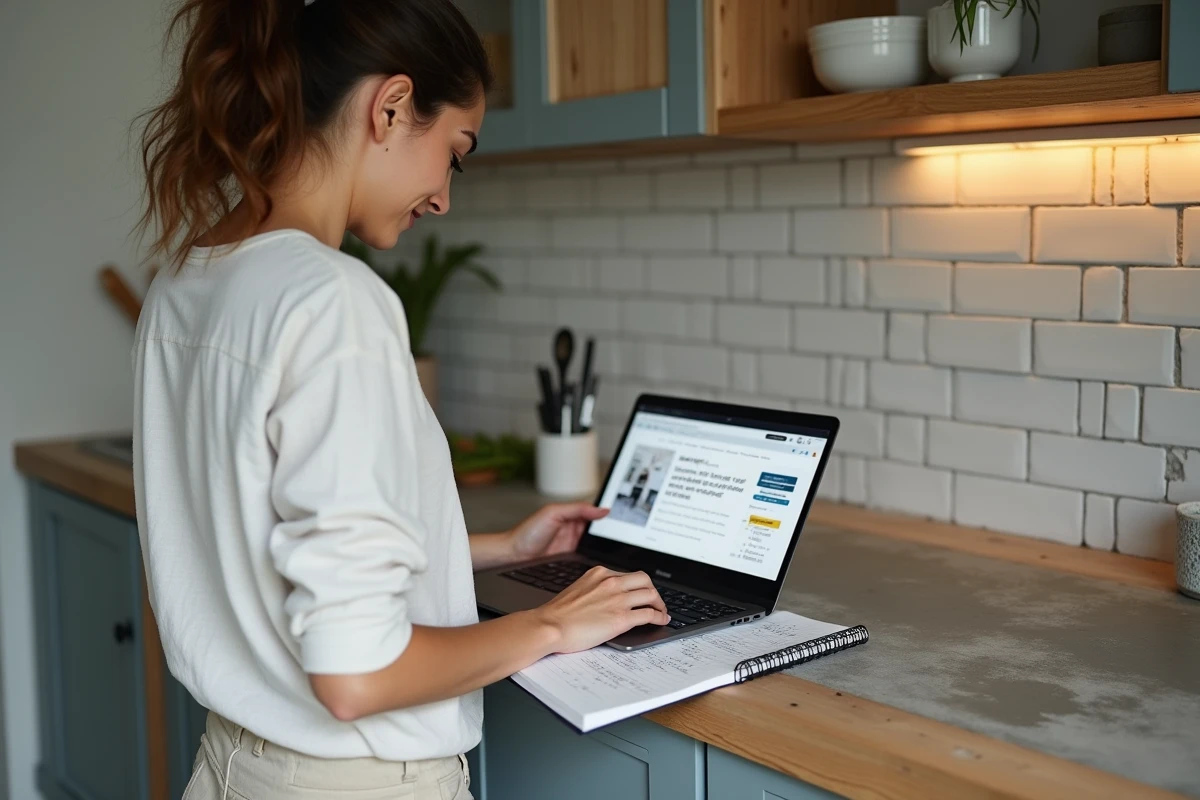 Femme consultant des fiches pratiques de rénovation sur un site web depuis sa cuisine en travaux avec un carnet de notes