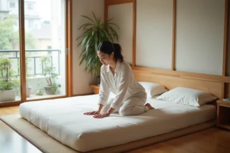 Femme en pyjamas lisses qui ajuste un futon japonais traditionnel