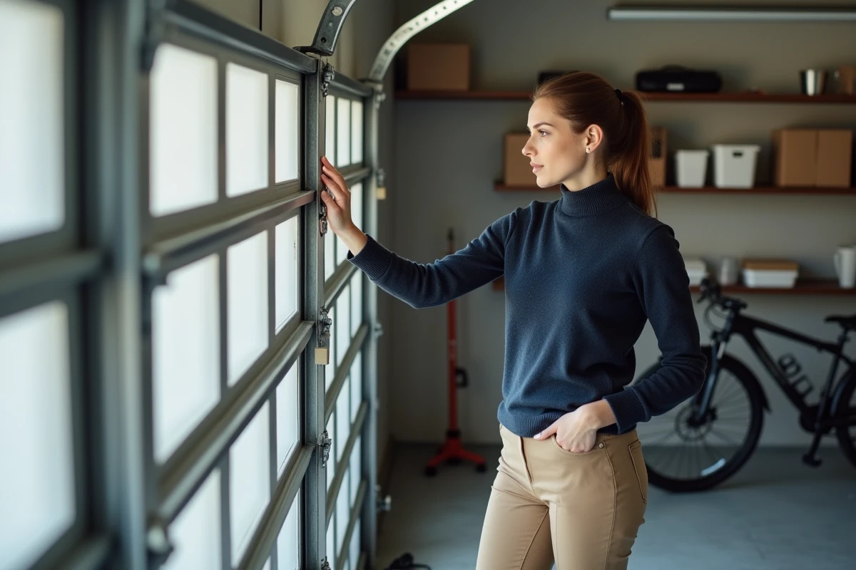 Jeune femme inspectant la porte de garage intérieure