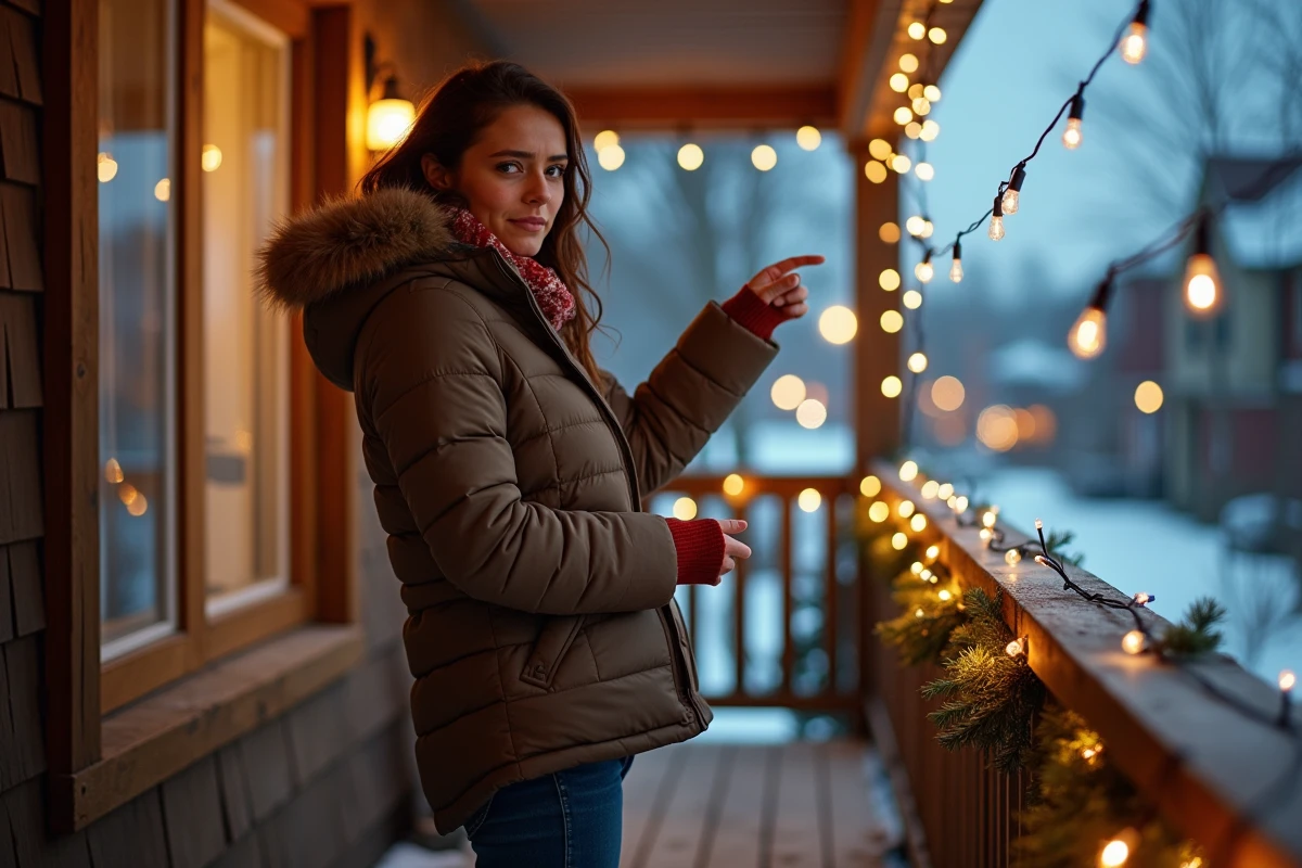 Jeune femme déçue pointant décorations de Noël mal fixées