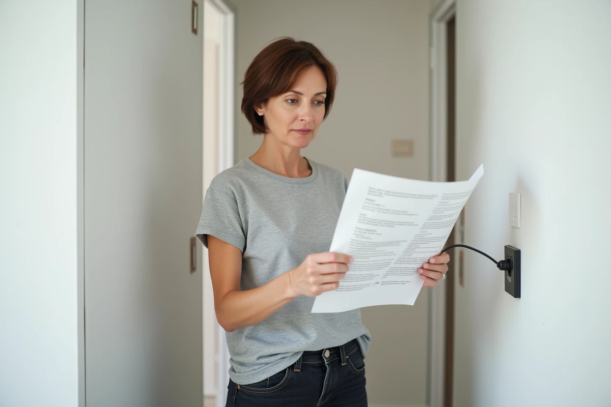 Femme lisant les instructions pour installer une nouvelle prise TV murale dans un couloir