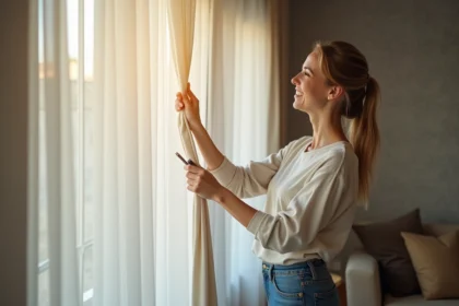 Femme posant un rideau léger dans un salon lumineux