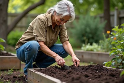 Femme en jeans et chemise kaki dans le jardin mélangeant compost