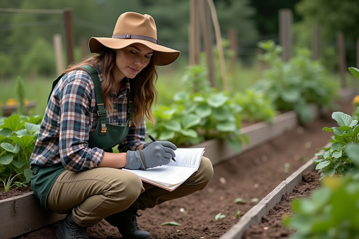 Femme planifiant son jardin permaculture dans un potager