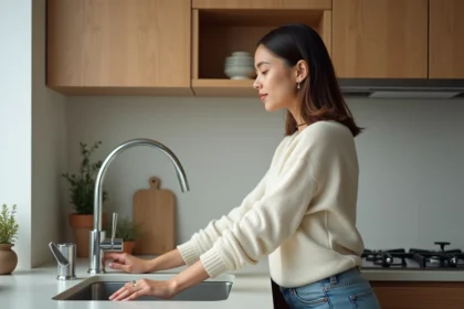 Jeune femme éteignant le robinet de cuisine avec réflexion