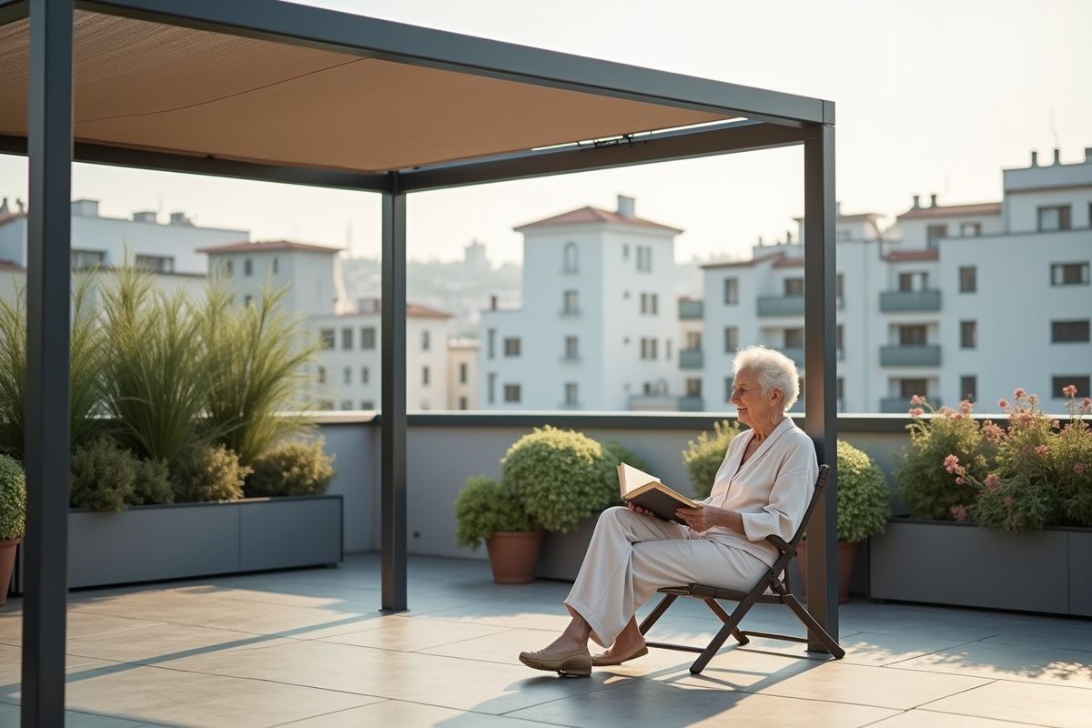 Femme lisant sous un gazebo moderne en terrasse urbaine