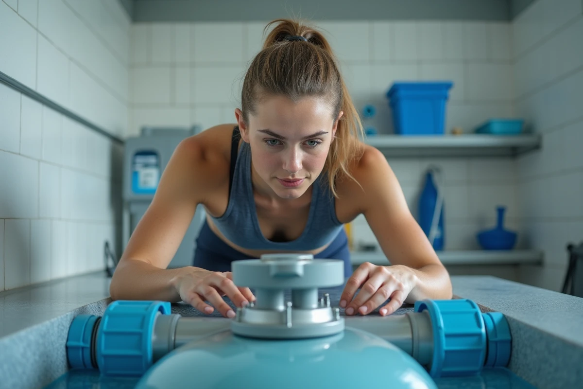Jeune femme vérifiant un système de filtration dans un pool house