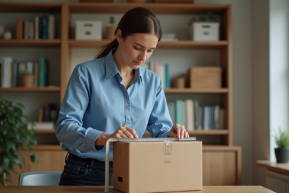 Femme mesurant un carton dans un bureau chaleureux