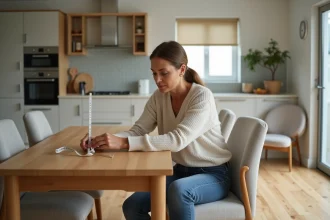 Femme mesurant une table en bois moderne dans la salle à manger