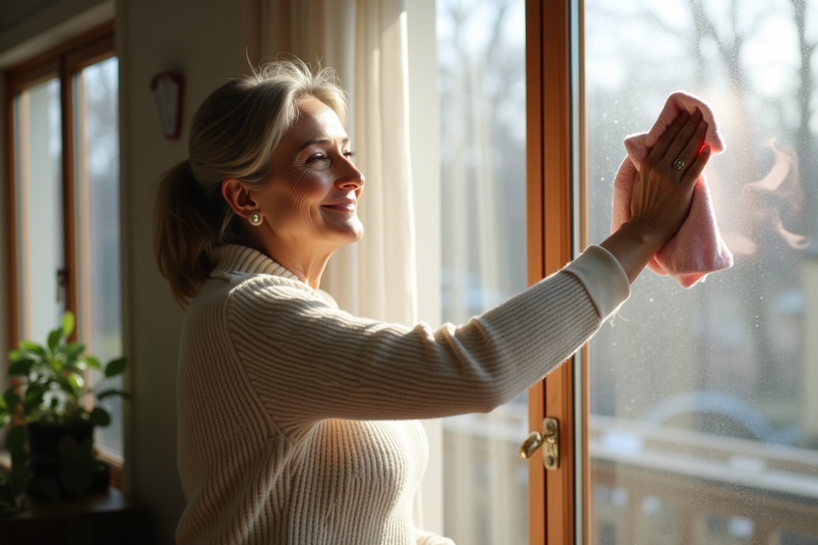 Femme essuie une vitre embuée dans un salon cosy hiver