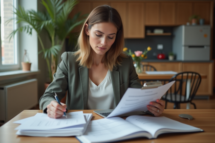 Femme en blazer regardant un devis de loyer assise à une table
