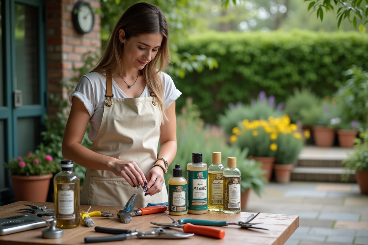 Femme vérifiant une étiquette de produits de jardinage