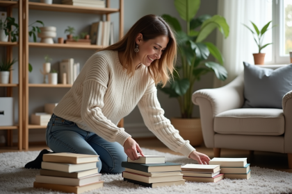 Femme organisant des livres dans son salon chaleureux
