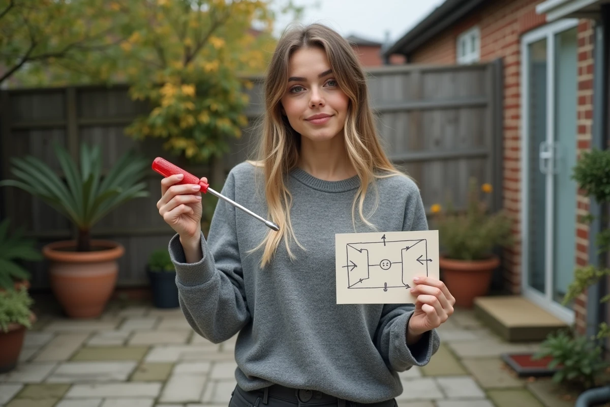 Jeune femme montrant comment tourner un tournevis dehors