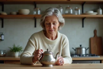 Femme polissant une théière en argent dans la cuisine