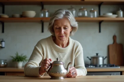 Femme polissant une théière en argent dans la cuisine