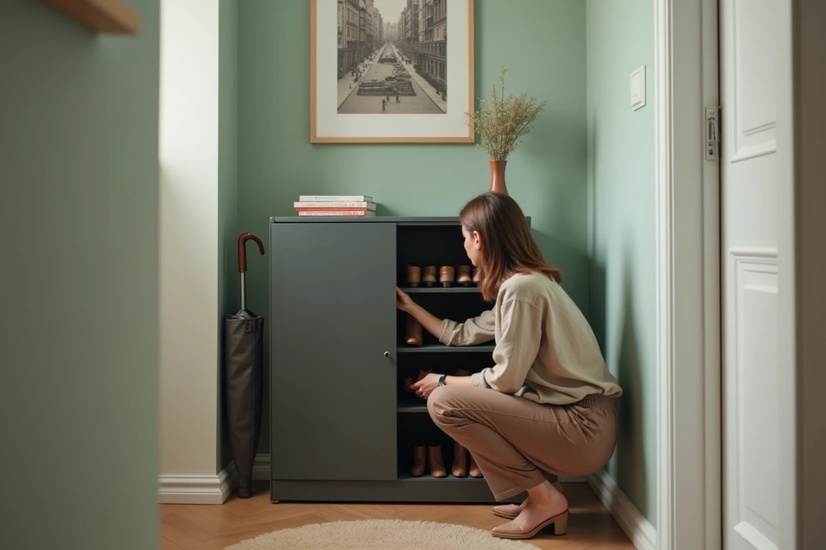 Femme rangeant ses chaussures dans un meuble nano compact gris anthracite dans une entrée étroite aux murs vert sauge