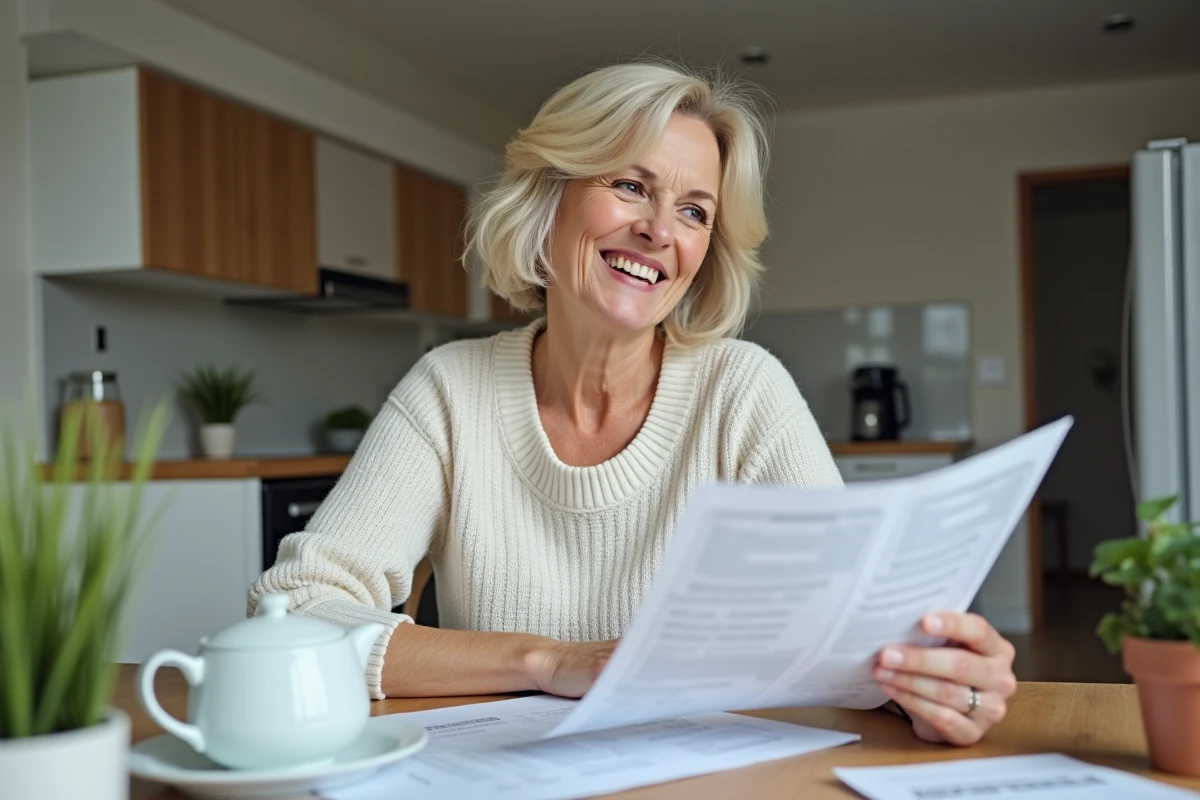 Femme souriante vérifiant devis de rénovation cuisine