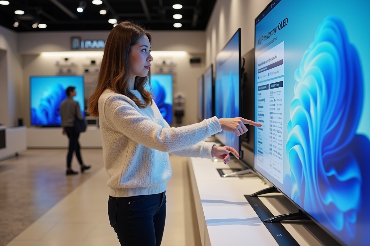 Femme dans magasin regarde graphique TV 4K QLED