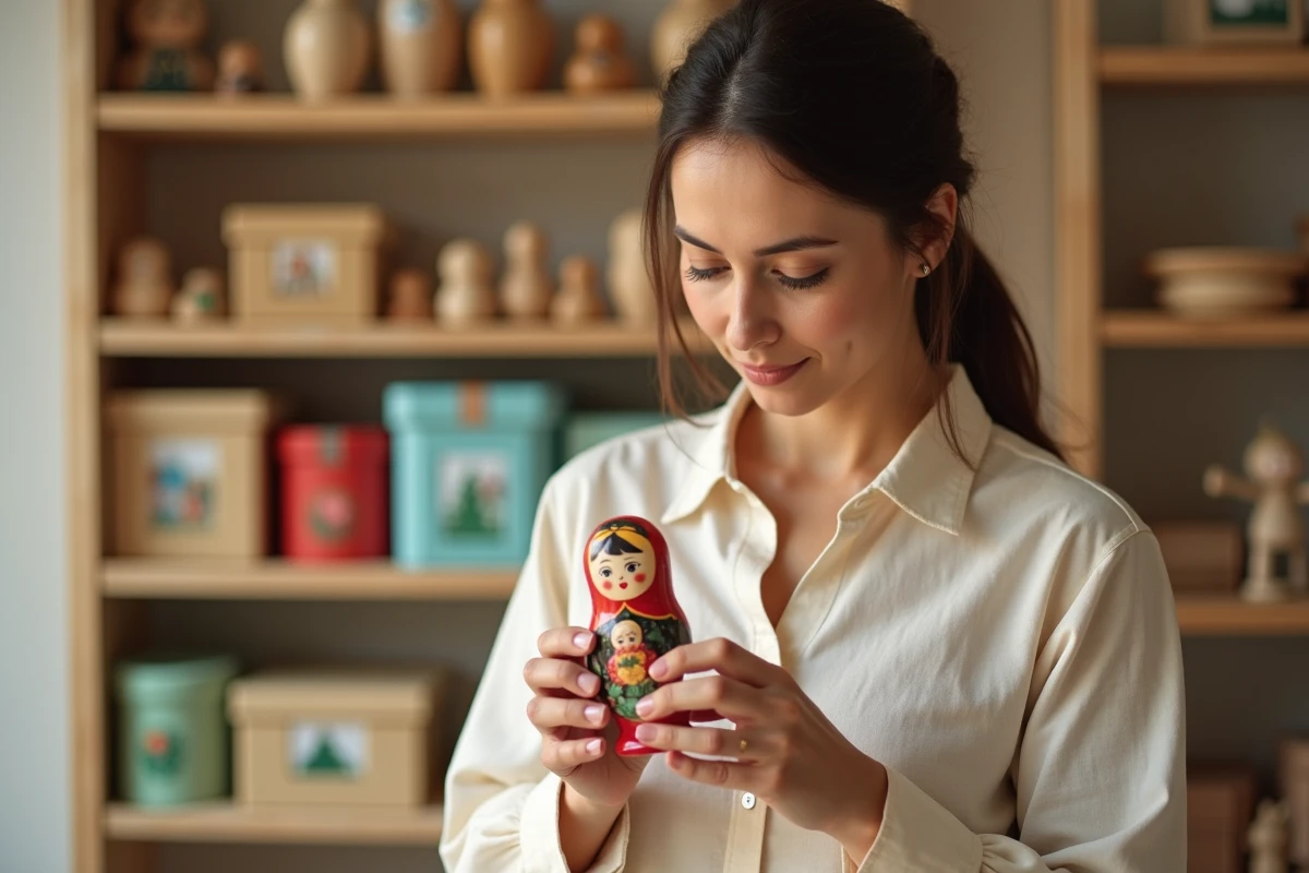 Femme tenant une poupée matriochka ouverte dans ses mains dans une boutique de jouets, découvrant la poupée emboîtée à l'intérieur avec un regard attentif