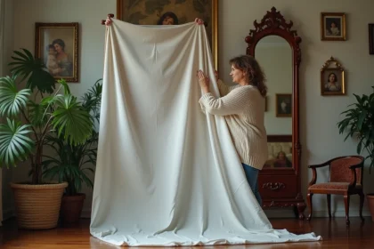 Femme en pull doux drapant un miroir ancien dans un salon chaleureux