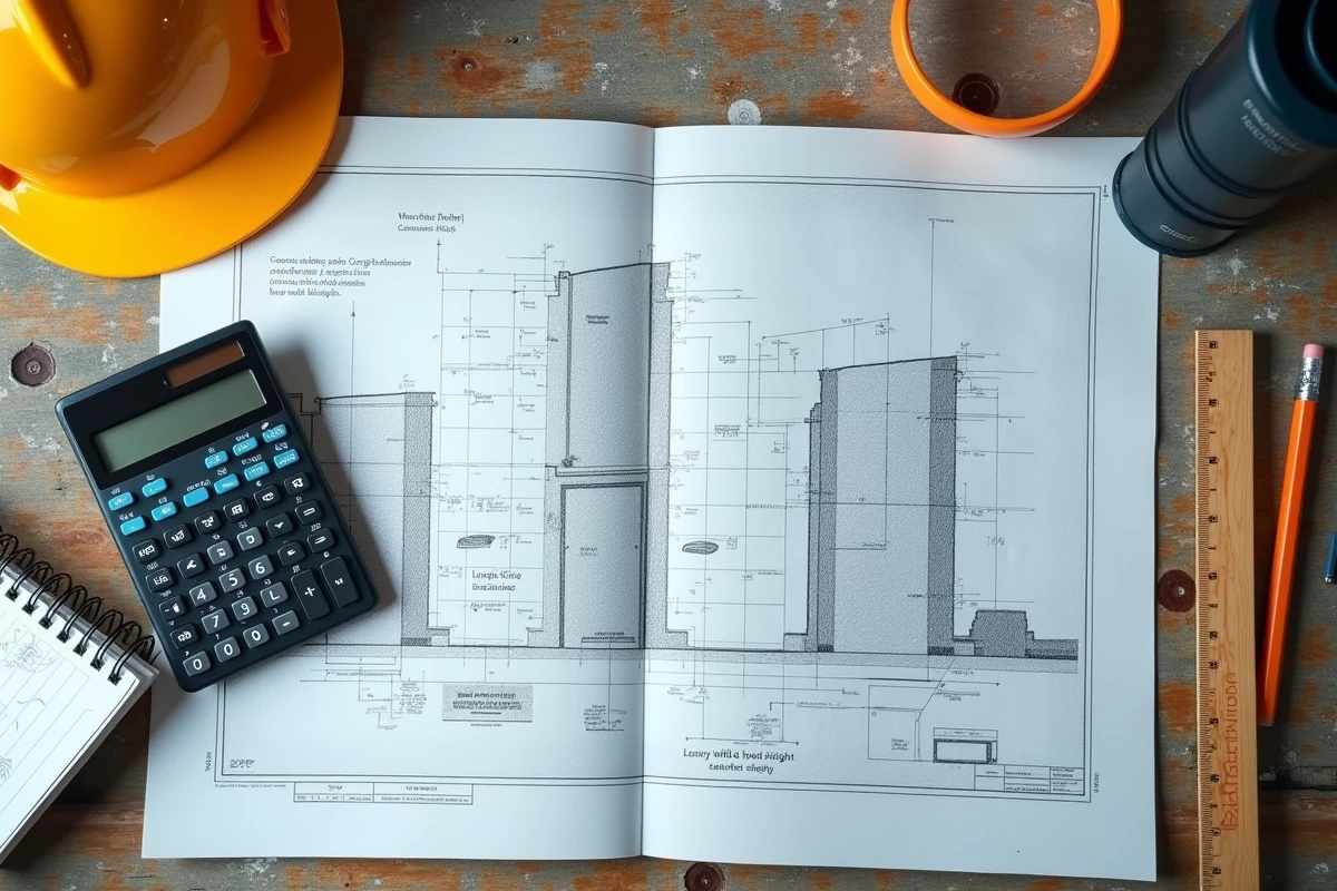 Plans de construction avec calculs de volume de béton en m3 écrits à la main sur un bureau de chantier