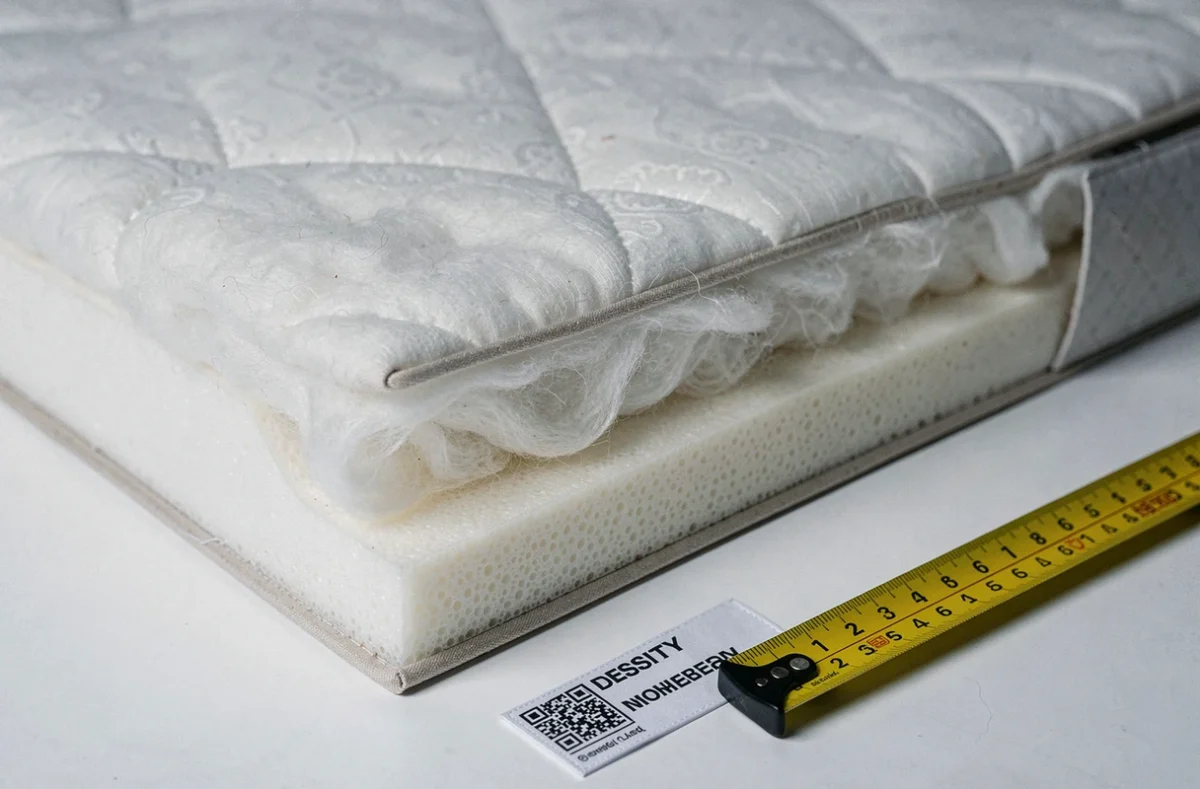 Coupe transversale d'un futon matelas pliable montrant les couches internes de mousse, coton et laine avec étiquette de densité
