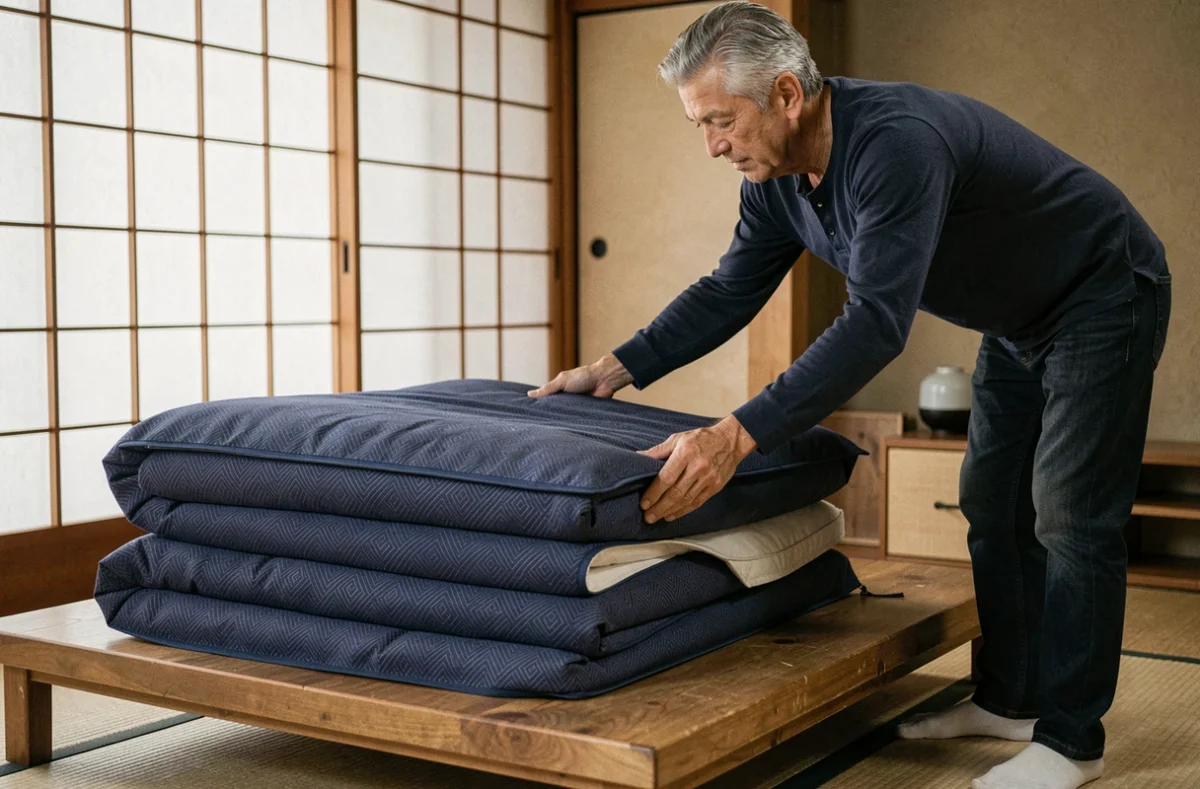 Homme enfilant une housse lavable sur un futon matelas pliable plié en trois dans une chambre de style japonais épuré