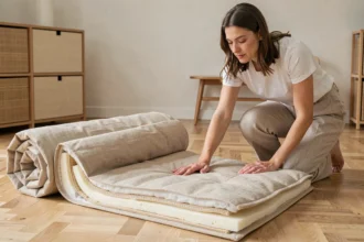 Femme testant l'épaisseur et la fermeté d'un futon matelas pliable sur parquet en bois clair dans un salon minimaliste